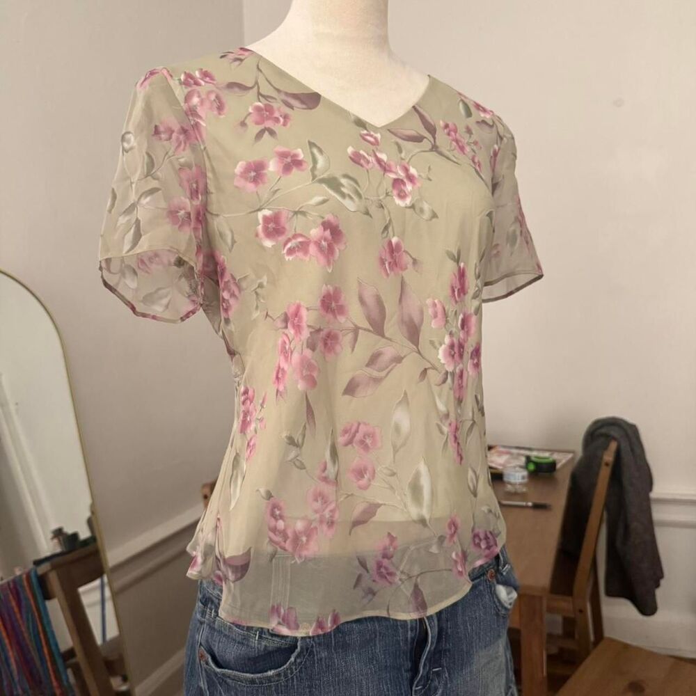 Vintage 1990s Green & Pink JBS Floral Mesh Short Sleeve Blouse, Size 10
